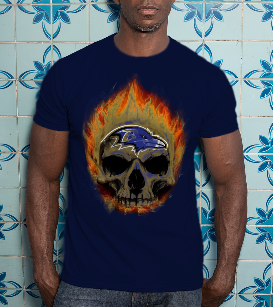 Baltimore Ravens Skull Flaming Logo Fire T-Shirt