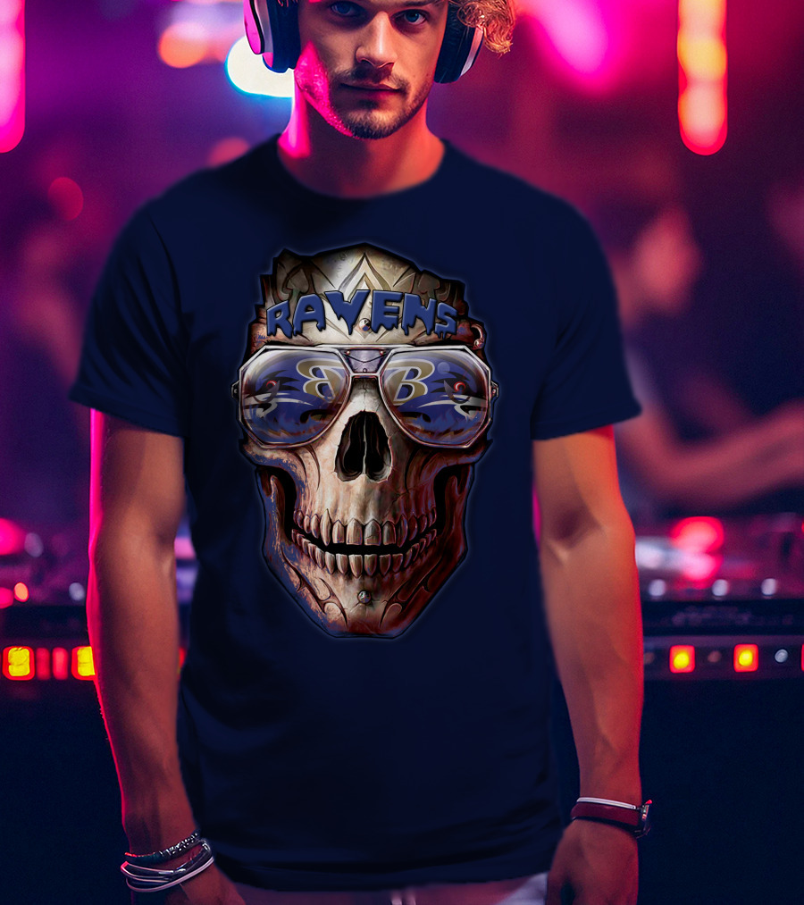 Baltimore Ravens Skull With Sunglasses Featuring Team T-Shirt