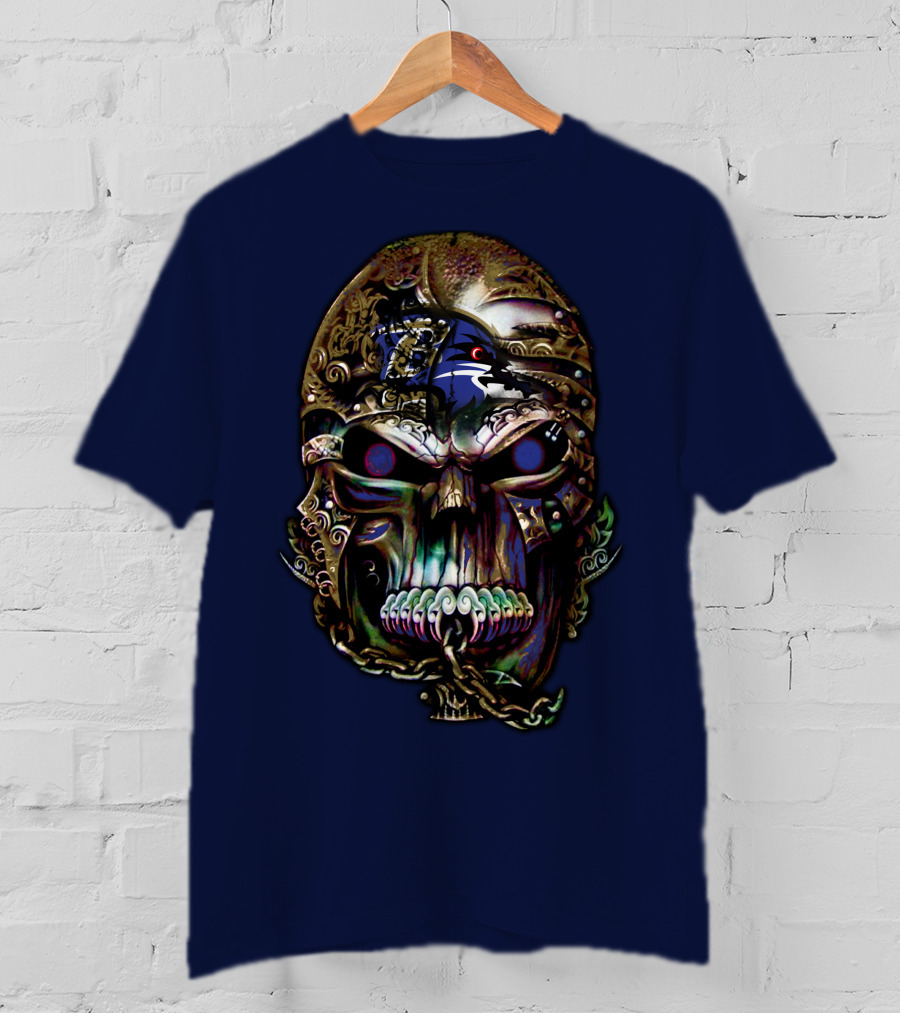 Baltimore Ravens 70 Skull Design With Ravens Logo And Metallic Elements T-Shirt