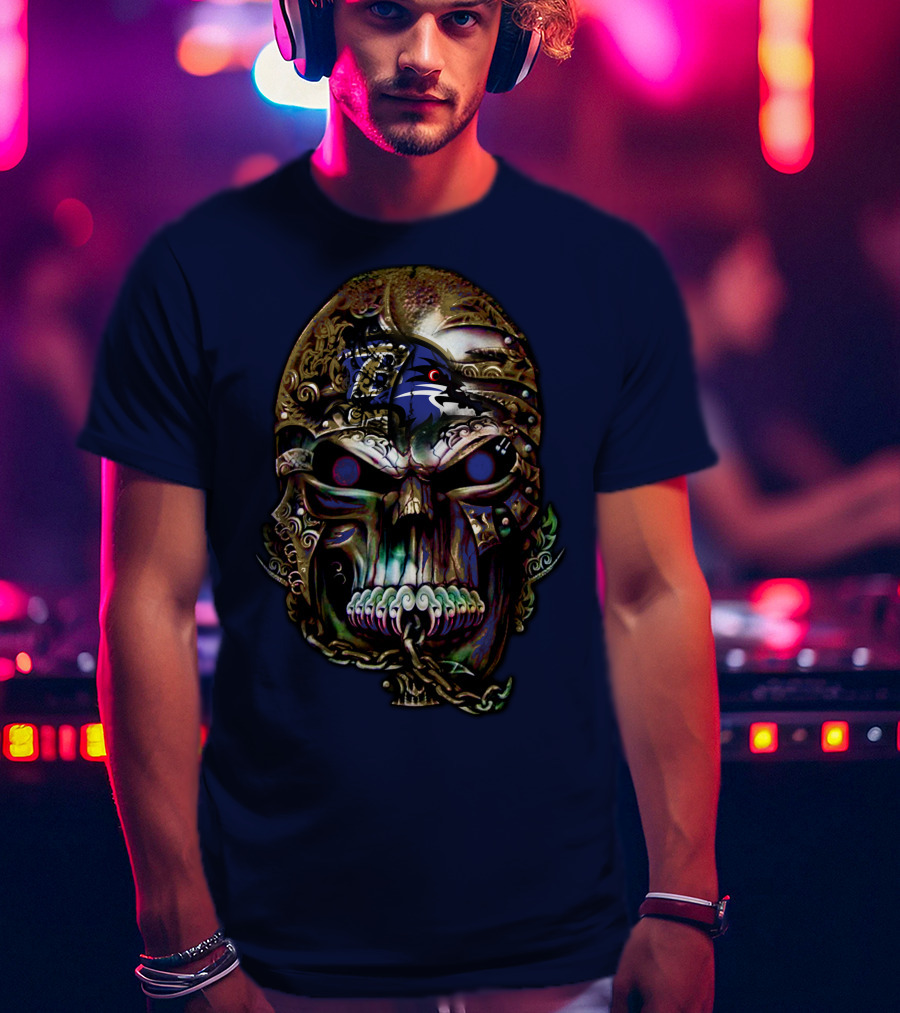 Baltimore Ravens 70 Skull Design With Ravens Logo And Metallic Elements T-Shirt