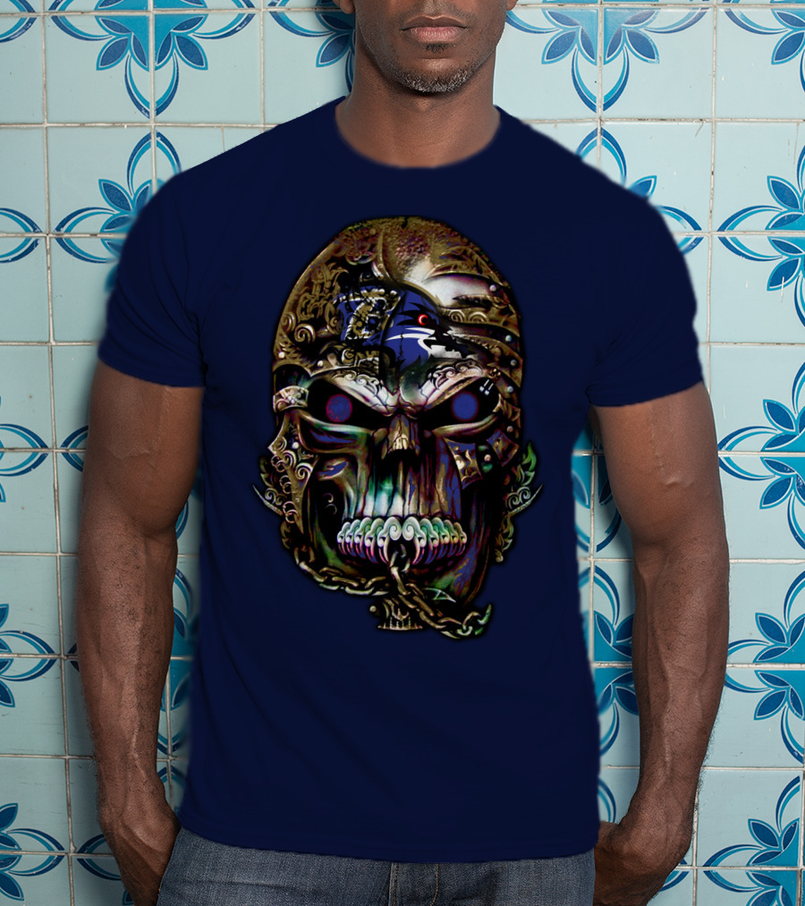 Baltimore Ravens 70 Skull Design With Ravens Logo And Metallic Elements T-Shirt