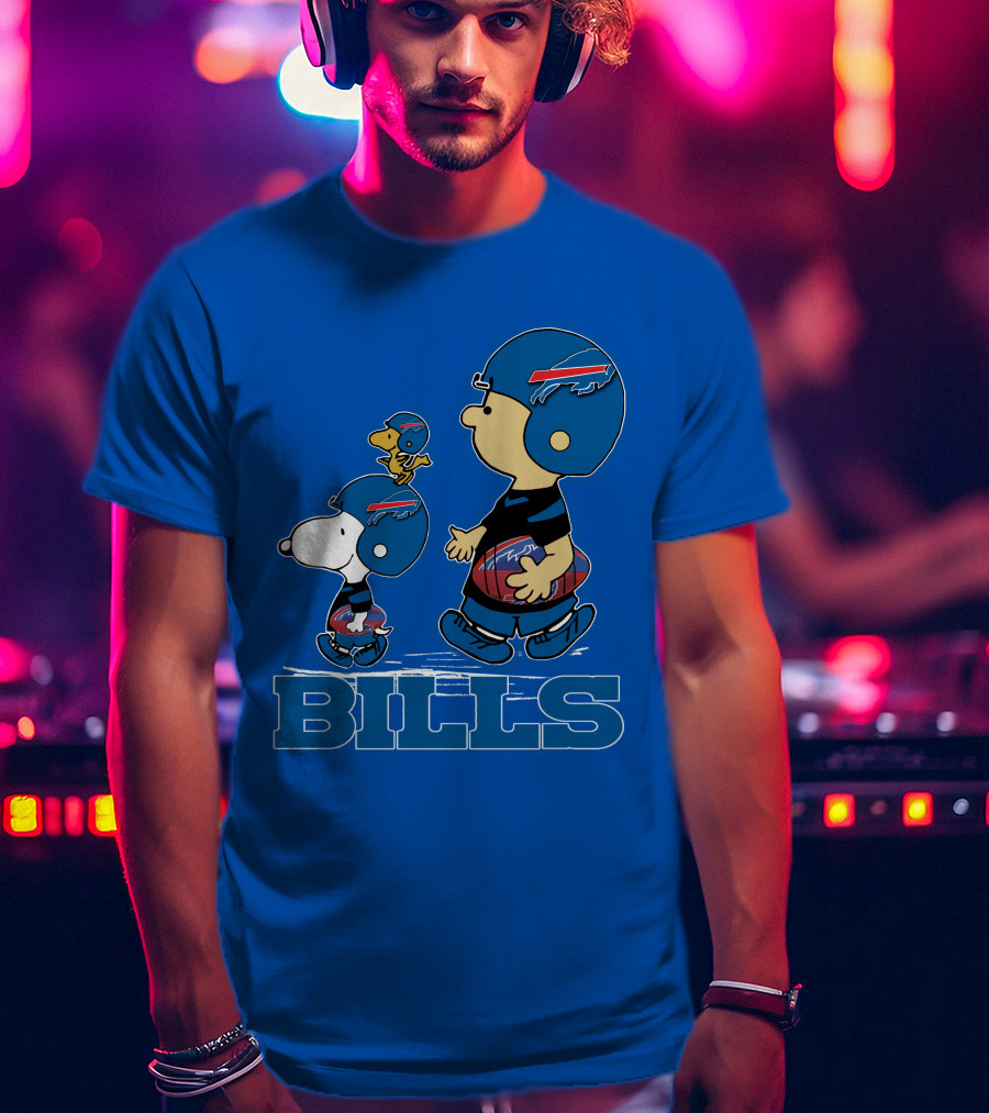 Snpfootball Buffalo Bills Snoopy Woodstock Peanuts Characters With Helmets Football T-Shirt