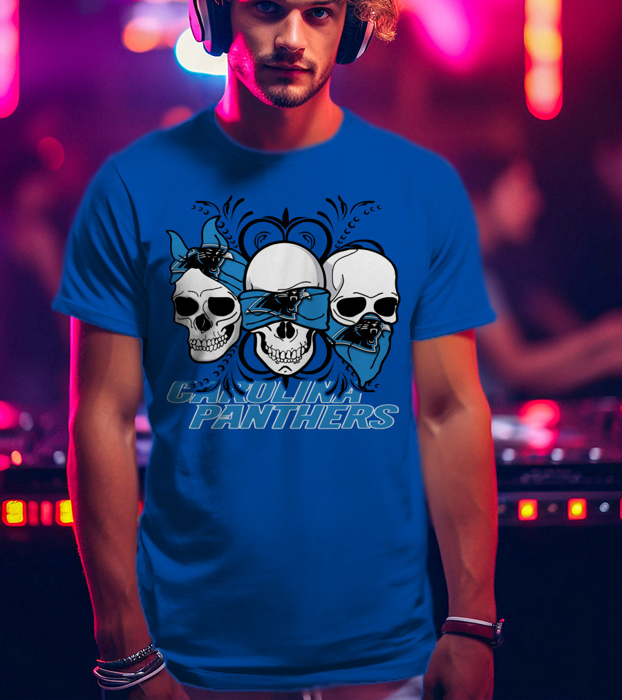 3 Skull CAROLINA PANTHERS Blindfolded Bandana T-Shirt