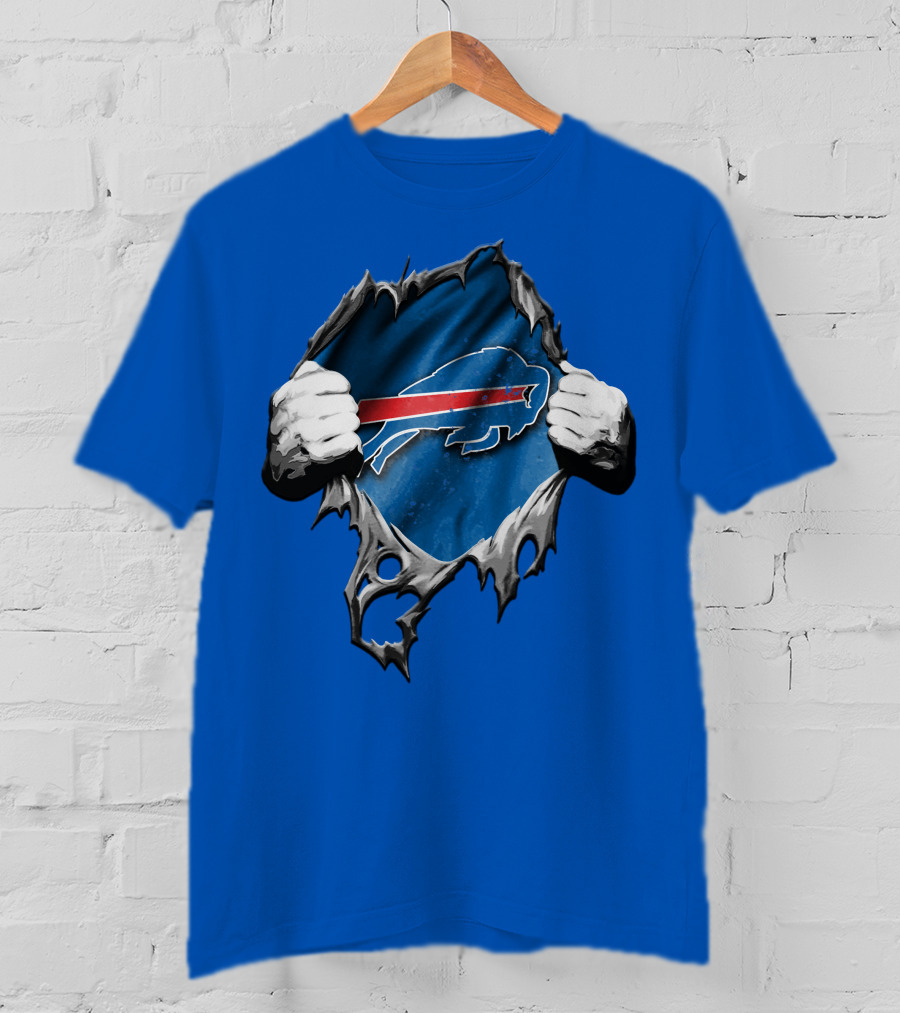Torn Buffalo Bills Ripped Logo Hands Blue Background T-Shirt