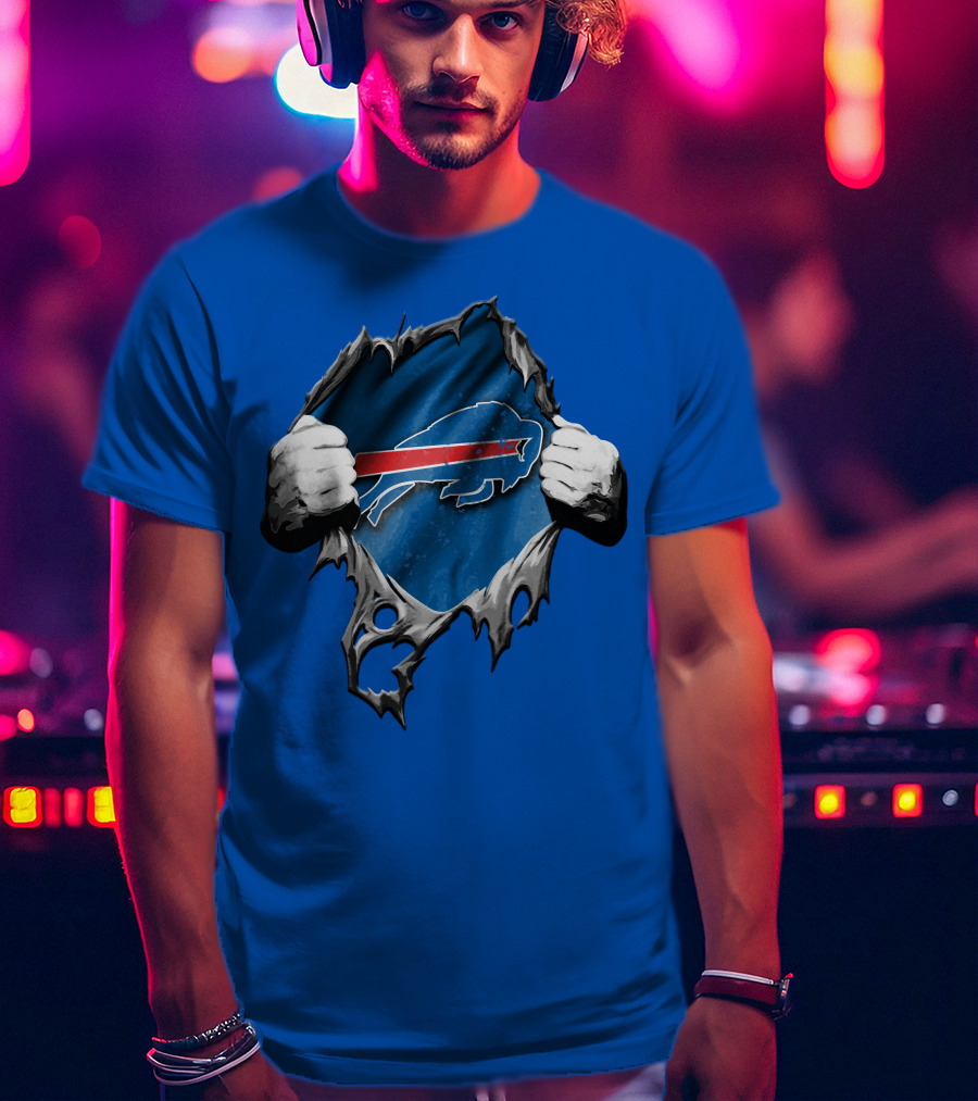 Torn Buffalo Bills Ripped Logo Hands Blue Background T-Shirt