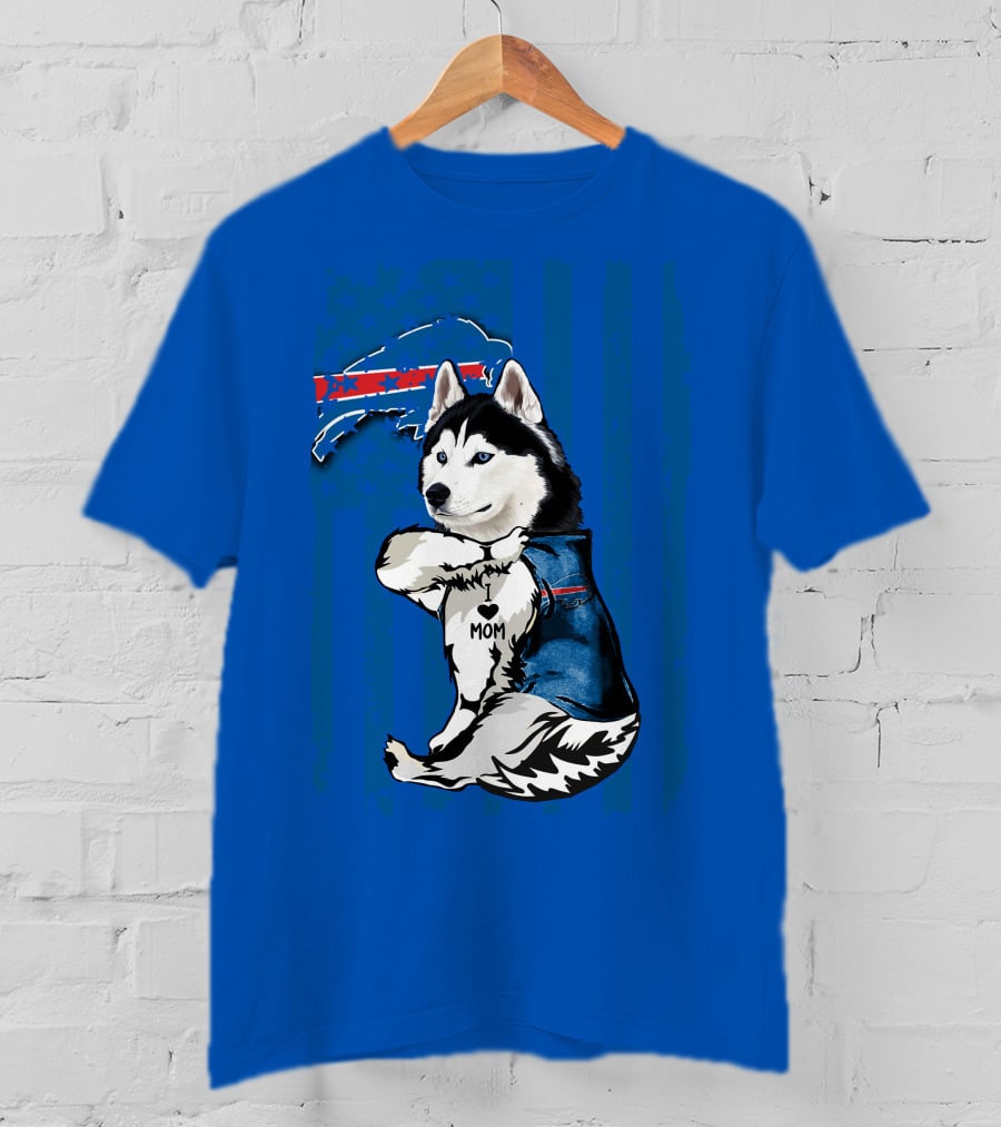 Siberian Husky Wearing Blue Buffalo Bills Vest With Heart Mom Tattoo And Flag T-Shirt