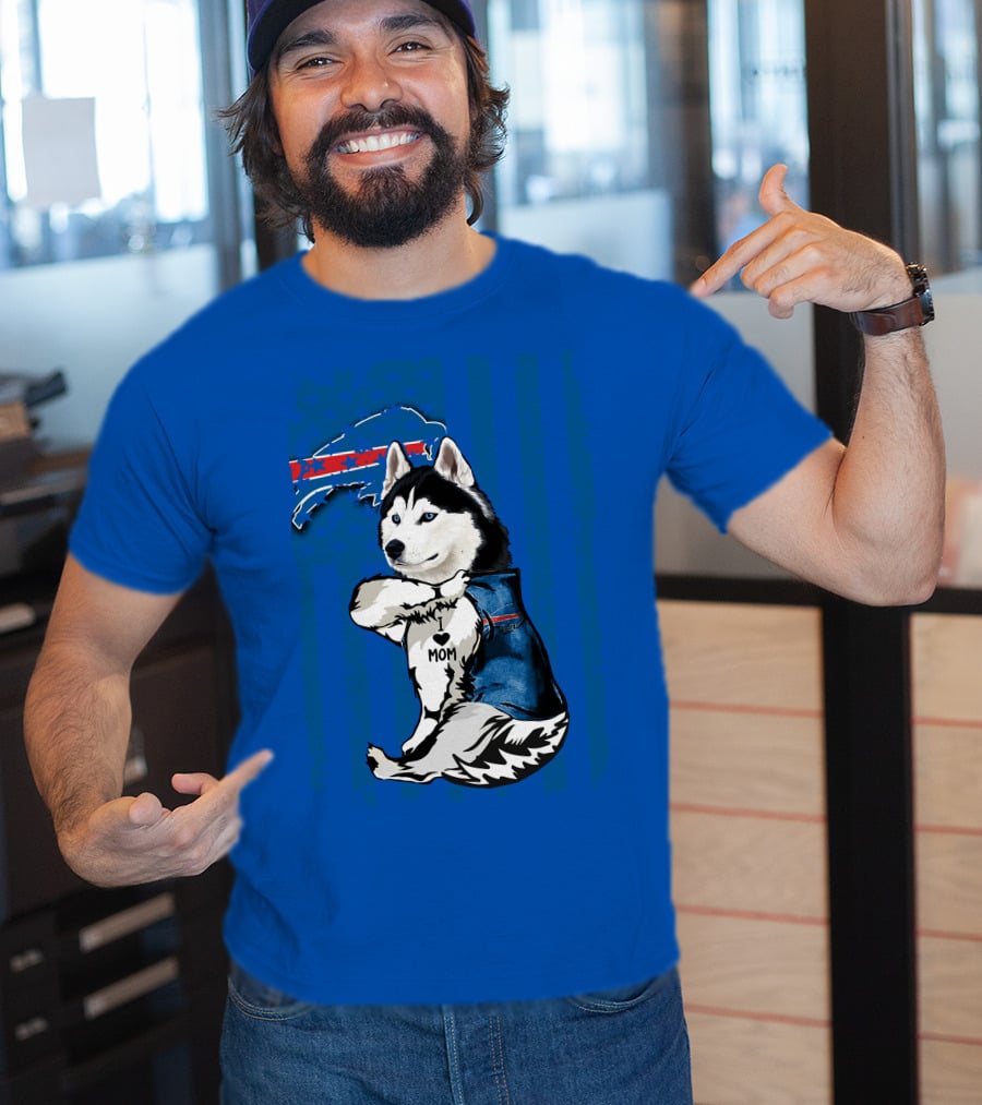 Siberian Husky Wearing Blue Buffalo Bills Vest With Heart Mom Tattoo And Flag T-Shirt