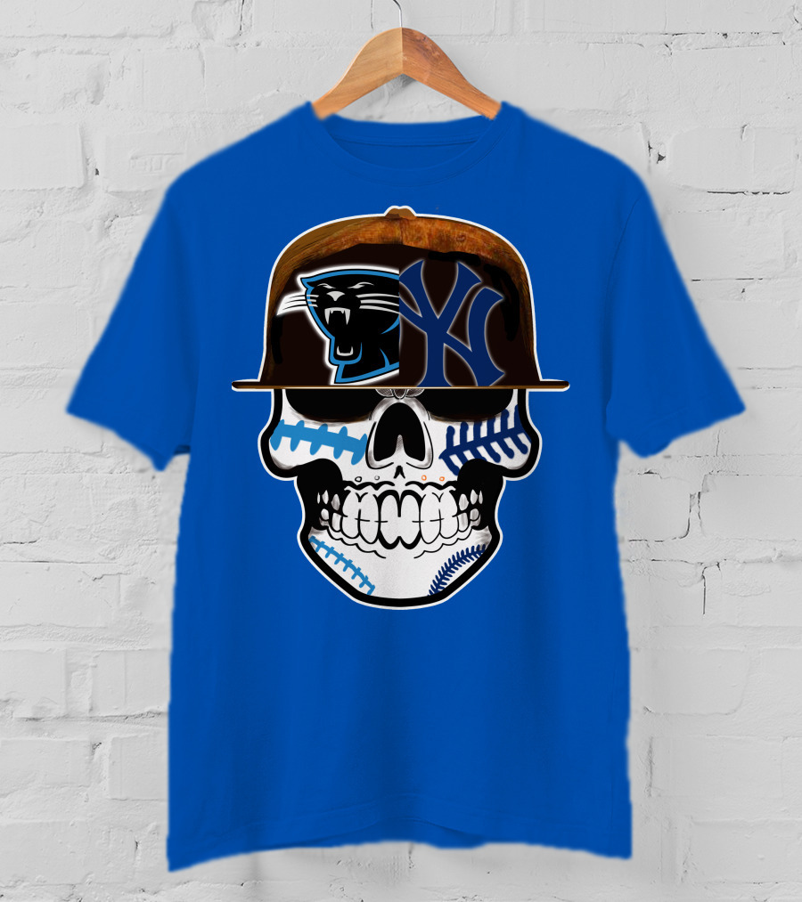 Carolina Panthers New York Yankees Skull Hat T-Shirt