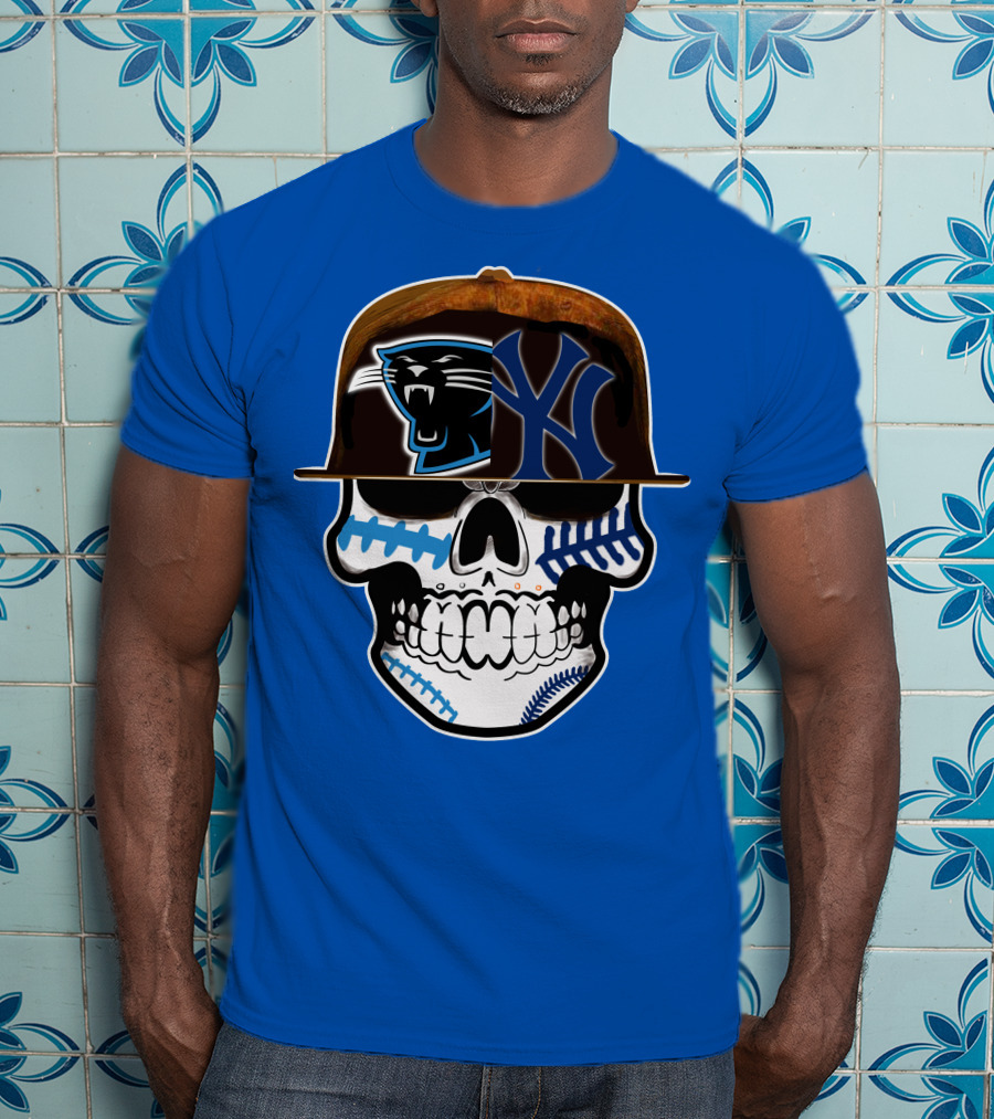 Carolina Panthers New York Yankees Skull Hat T-Shirt