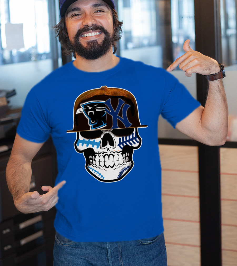 Carolina Panthers New York Yankees Skull Hat T-Shirt