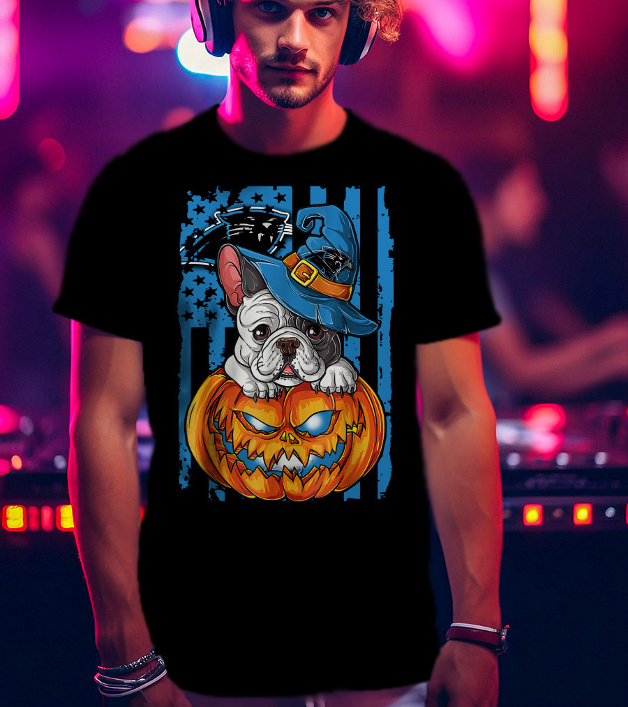 Bulldog Halloween Pumpkin Outfit Carolina Panthers Fan Style T-Shirt