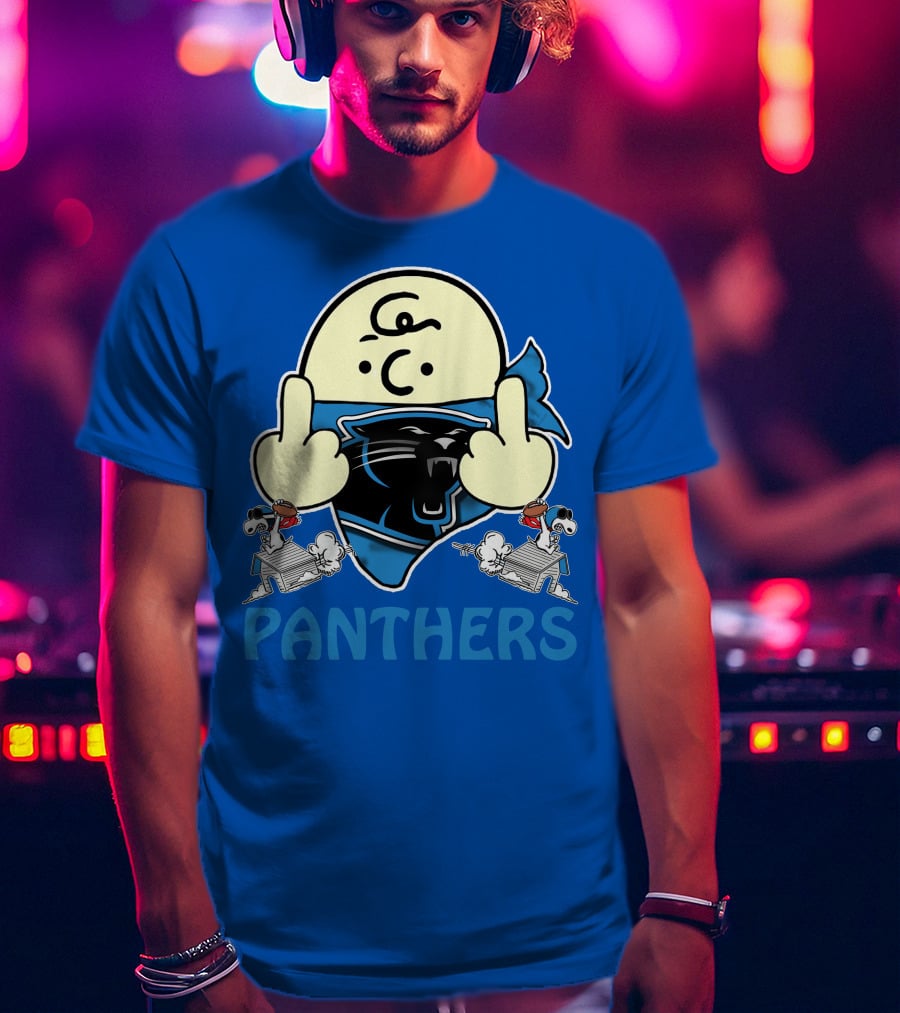 Carolina Panthers Bold Cartoon Character With Snoopy Imagery Middle Finger Salute T-Shirt