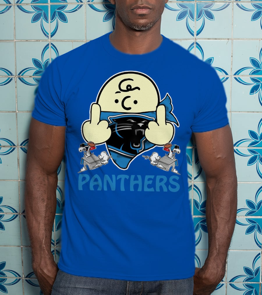 Carolina Panthers Bold Cartoon Character With Snoopy Imagery Middle Finger Salute T-Shirt