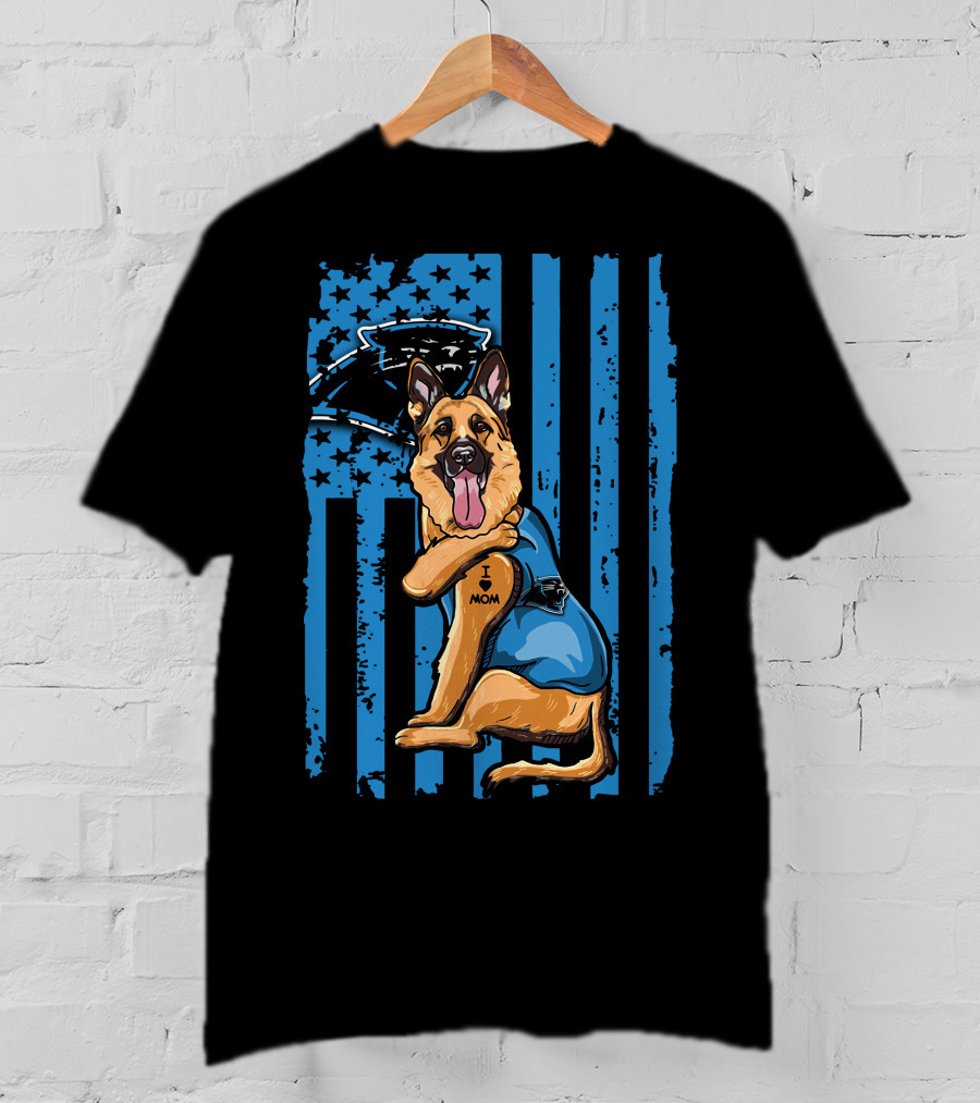 German Shepherd I Love Mom Carolina Panthers Blue American Flag T-Shirt