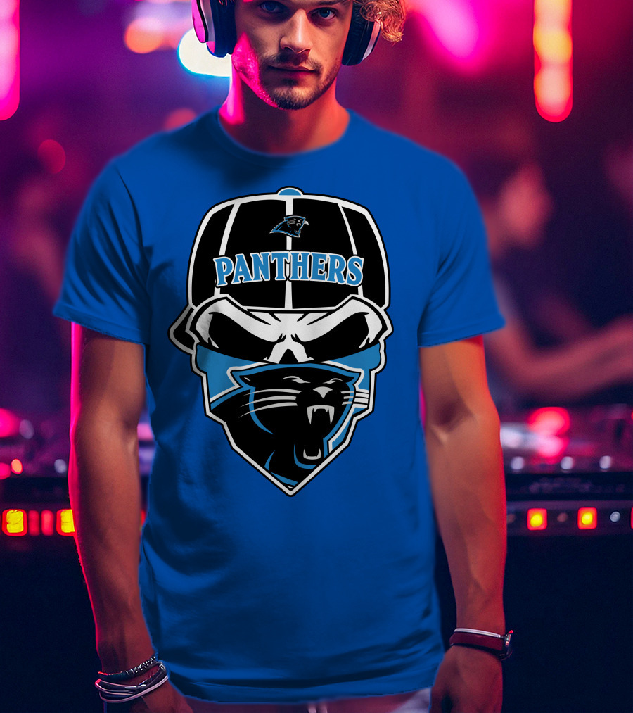 Carolina Panthers Logo And Skull With Bandana T-Shirt