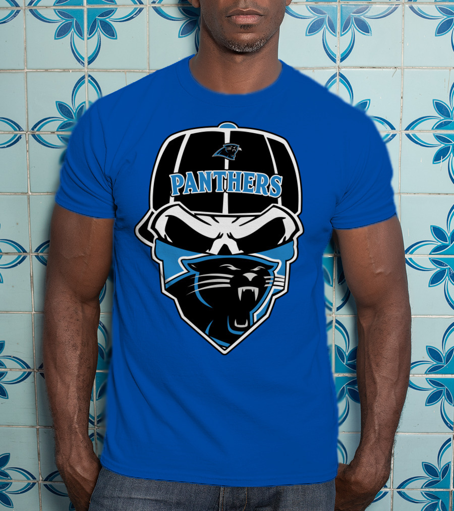 Carolina Panthers Logo And Skull With Bandana T-Shirt