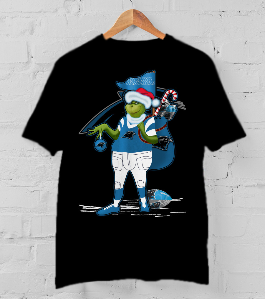 Grinchxmas Carolina Panthers Holiday Character In Team Gear Festive Football Santa Hat T-Shirt