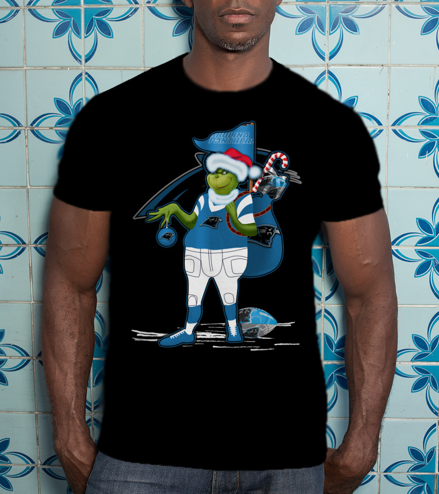 Grinchxmas Carolina Panthers Holiday Character In Team Gear Festive Football Santa Hat T-Shirt