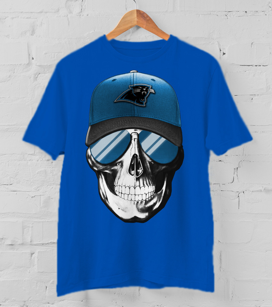 Skull Wearing Carolina Panthers Logo Hat With Reflective Sunglasses T-Shirt