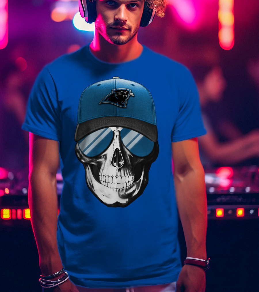 Skull Wearing Carolina Panthers Logo Hat With Reflective Sunglasses T-Shirt