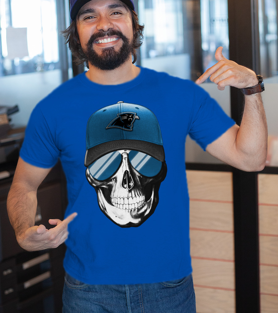 Skull Wearing Carolina Panthers Logo Hat With Reflective Sunglasses T-Shirt