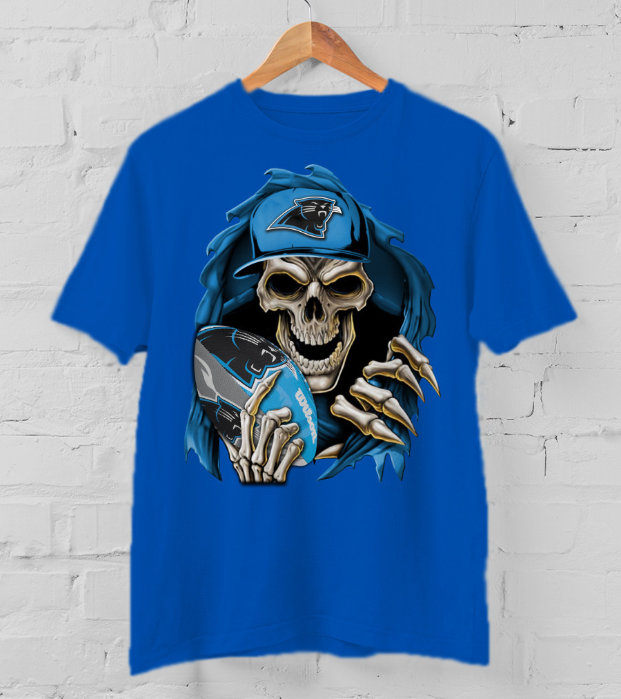 Skullbong Carolina Panthers Skeleton With Football And Team Cap T-Shirt