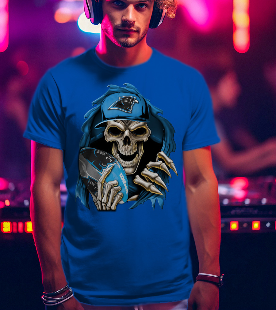 Skullbong Carolina Panthers Skeleton With Football And Team Cap T-Shirt