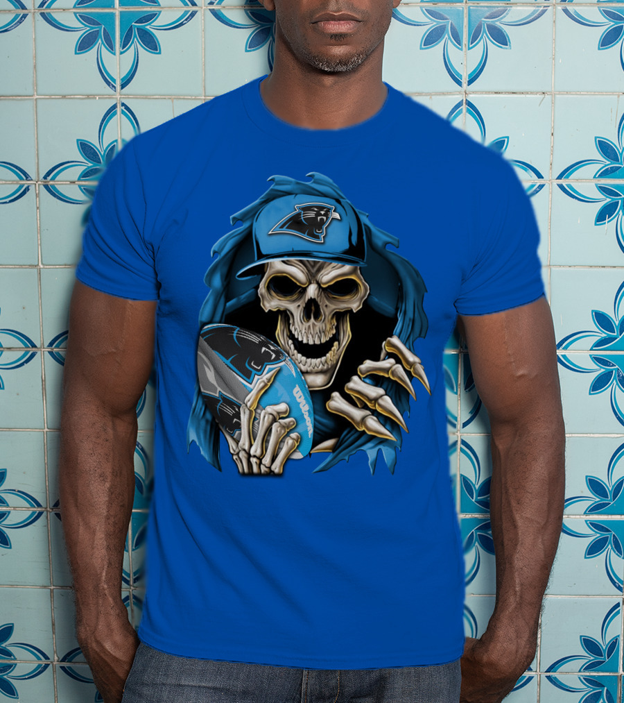 Skullbong Carolina Panthers Skeleton With Football And Team Cap T-Shirt