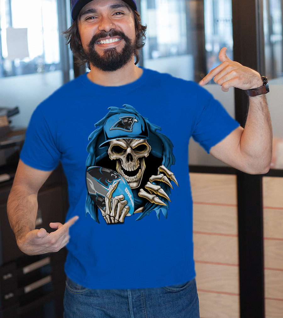 Skullbong Carolina Panthers Skeleton With Football And Team Cap T-Shirt