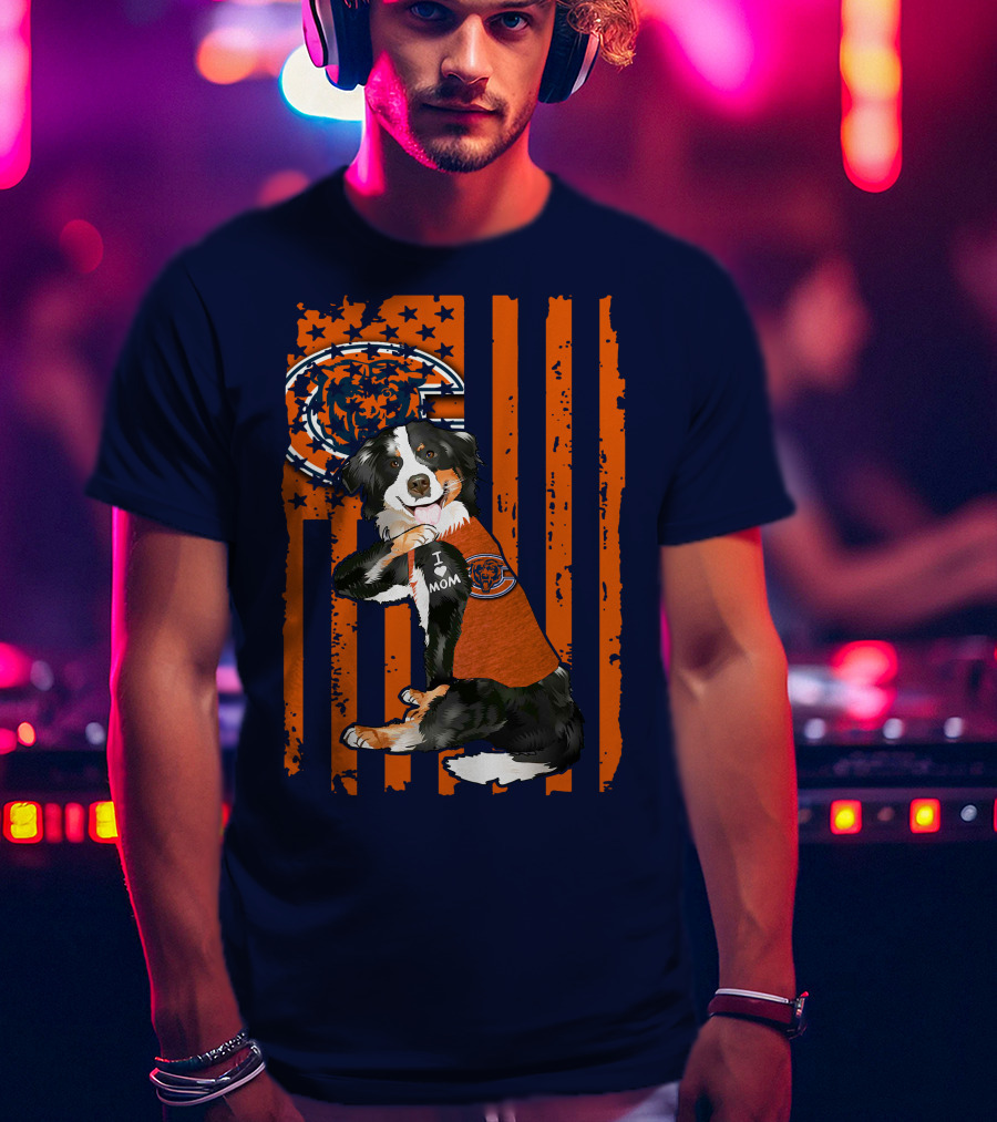 Border Collie Chicago Bears I Love Mom Football Fan Flag T-Shirt