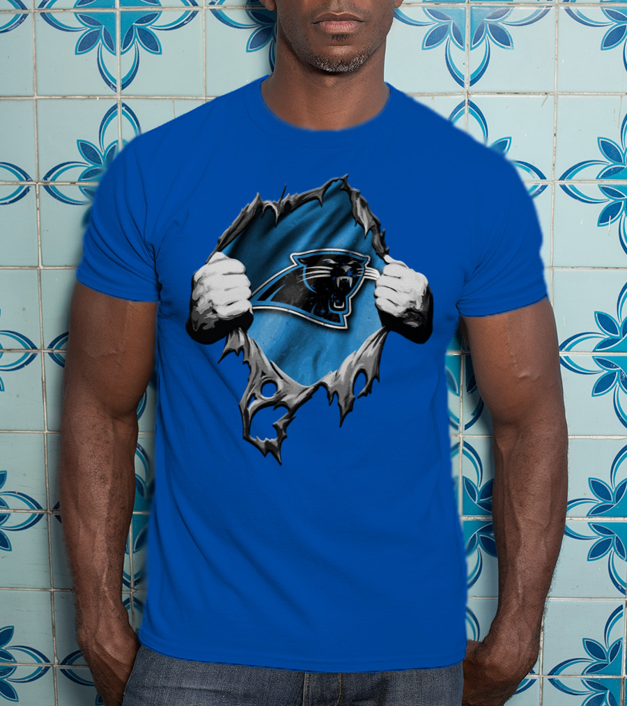 Torn Carolina Panthers Logo With Ripped Fabric And Clenched Hands T-Shirt