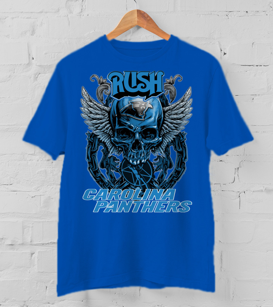 RUSH CAROLINA PANTHERS Skull Wings Helmet Chain T-Shirt