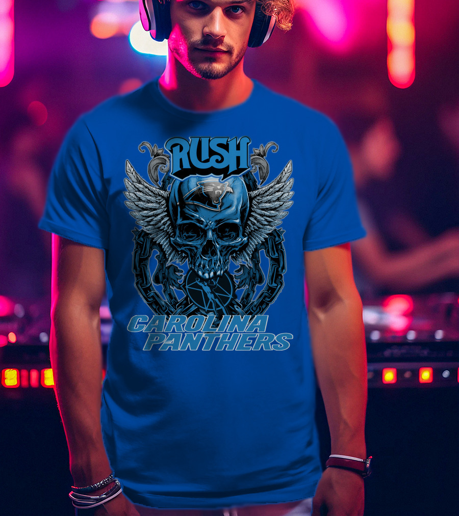 RUSH CAROLINA PANTHERS Skull Wings Helmet Chain T-Shirt