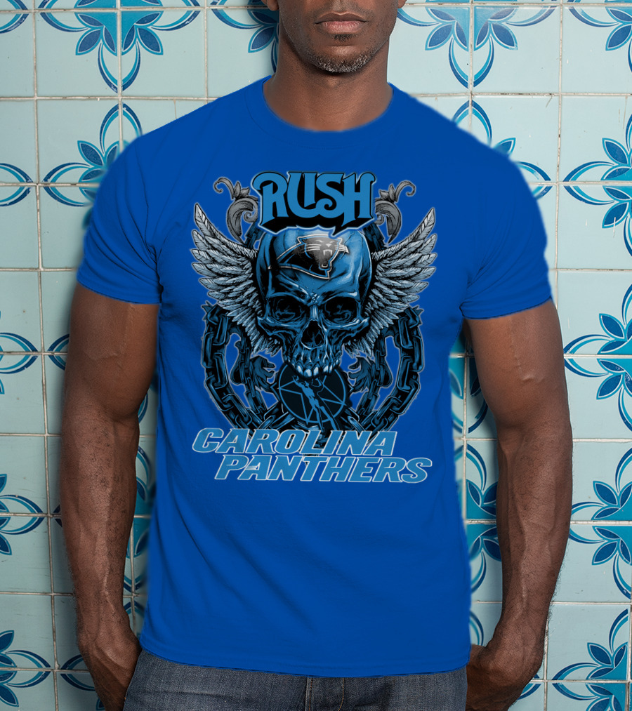 RUSH CAROLINA PANTHERS Skull Wings Helmet Chain T-Shirt