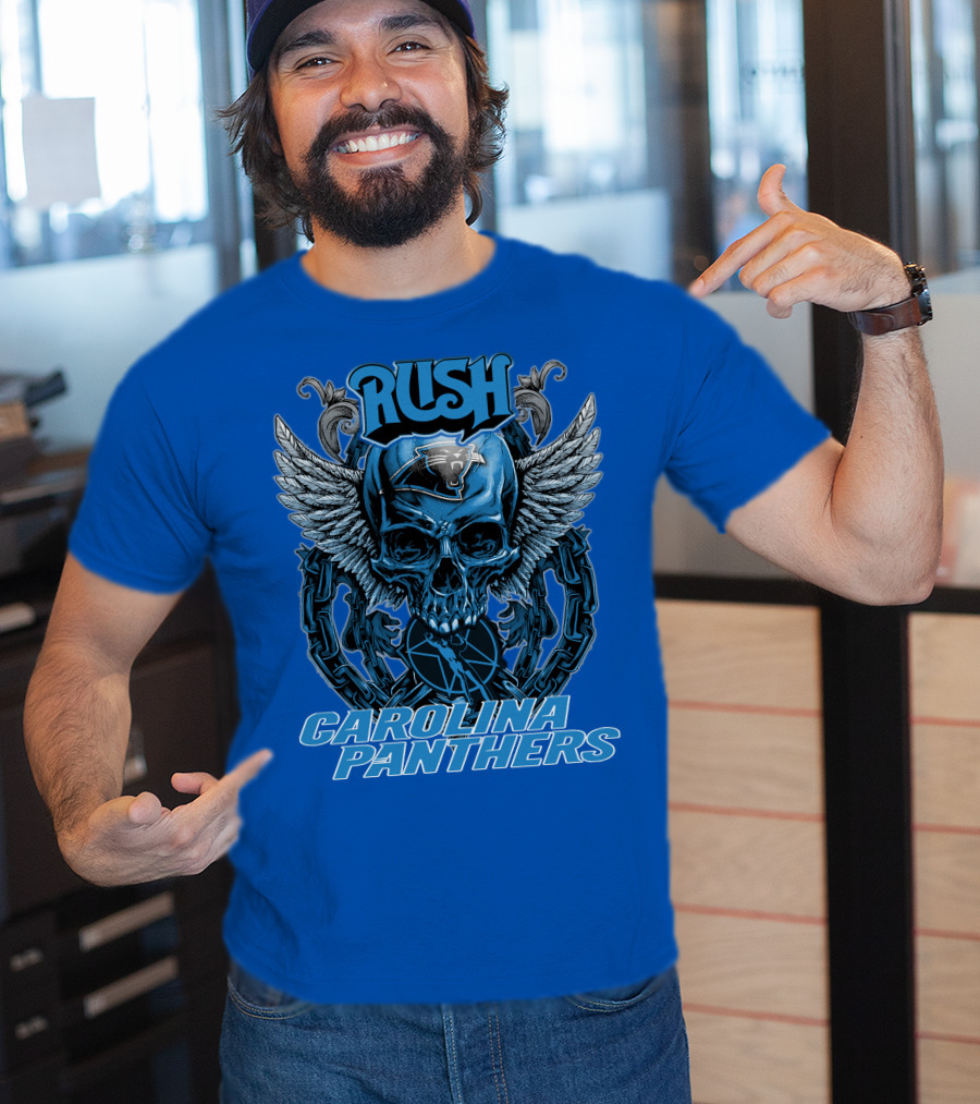 RUSH CAROLINA PANTHERS Skull Wings Helmet Chain T-Shirt