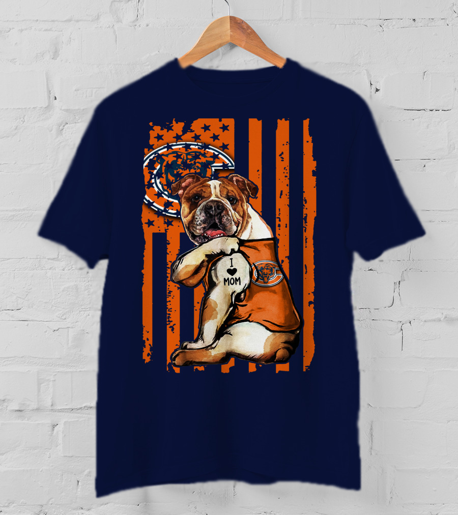 Bulldog I Love Mom Chicago Bears Orange And Blue Stripes T-Shirt
