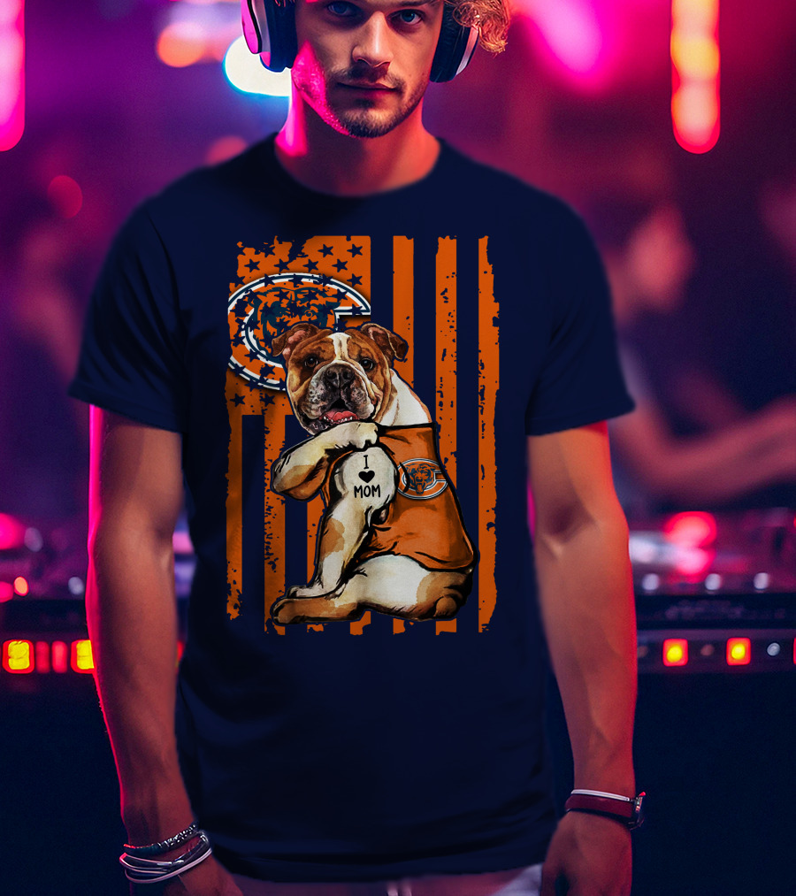 Bulldog I Love Mom Chicago Bears Orange And Blue Stripes T-Shirt