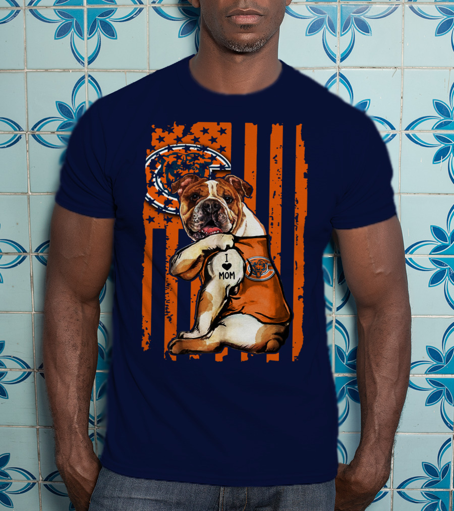 Bulldog I Love Mom Chicago Bears Orange And Blue Stripes T-Shirt