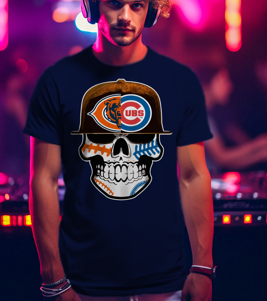 Chicago Bears Cubs Skull Cap Dual Logo Fusion T-Shirt