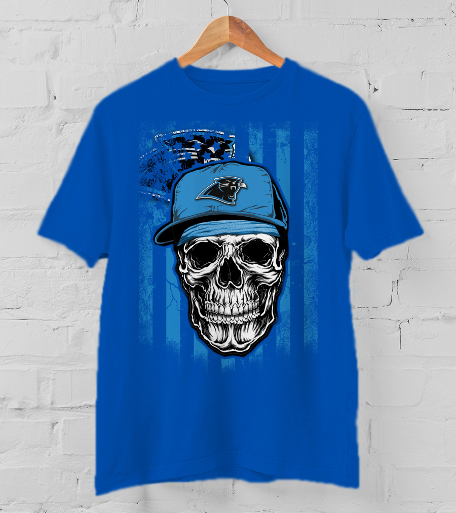 Skull With Carolina Panthers Cap And American Flag Elements T-Shirt