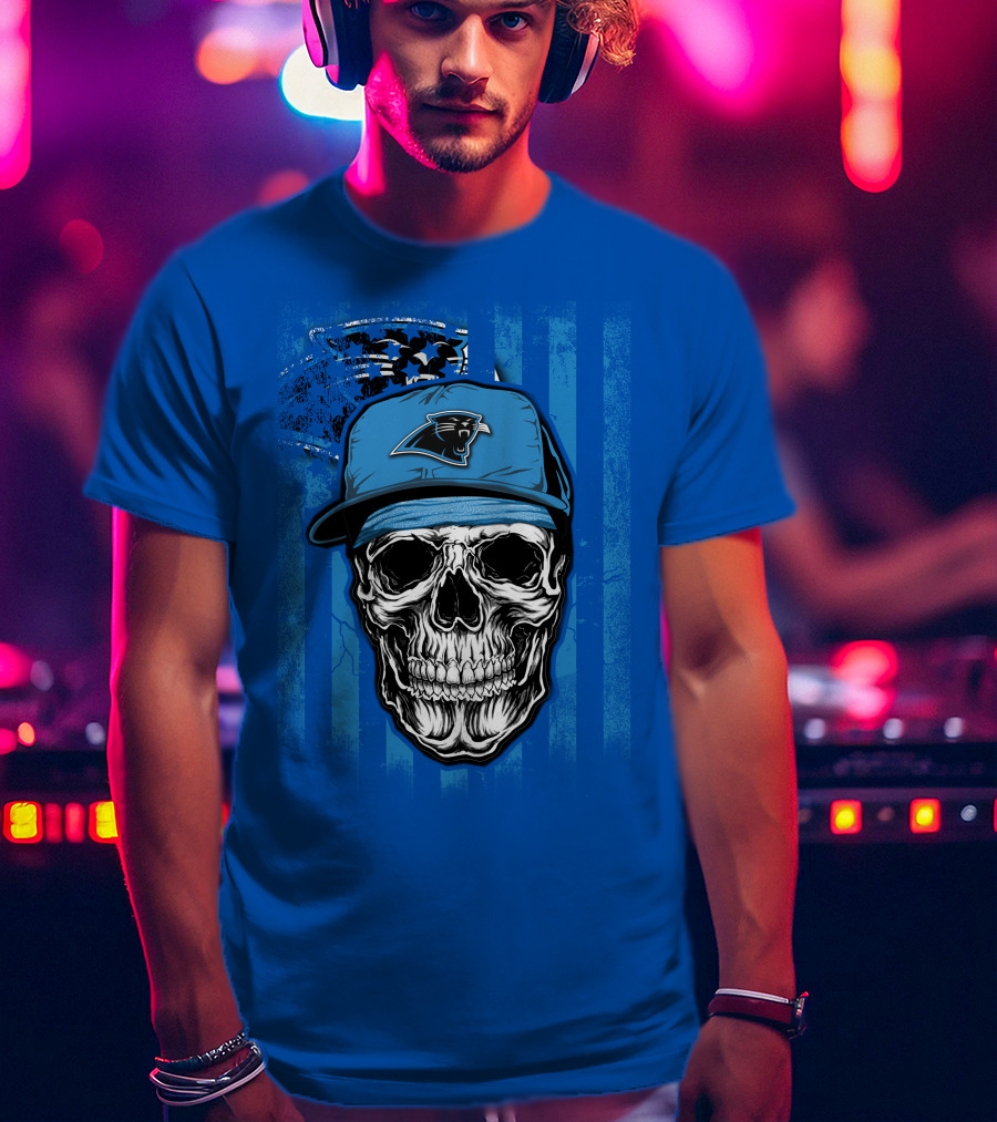 Skull With Carolina Panthers Cap And American Flag Elements T-Shirt
