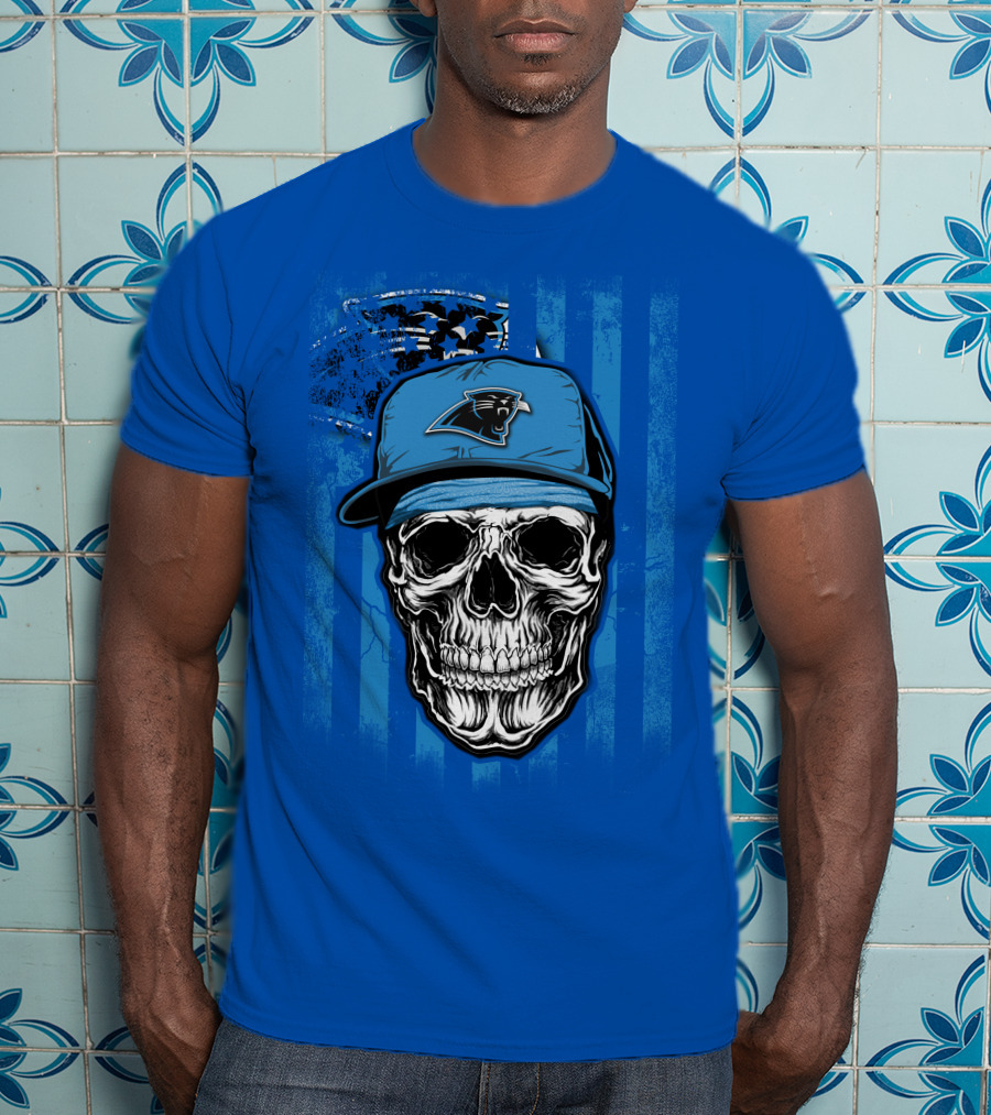 Skull With Carolina Panthers Cap And American Flag Elements T-Shirt