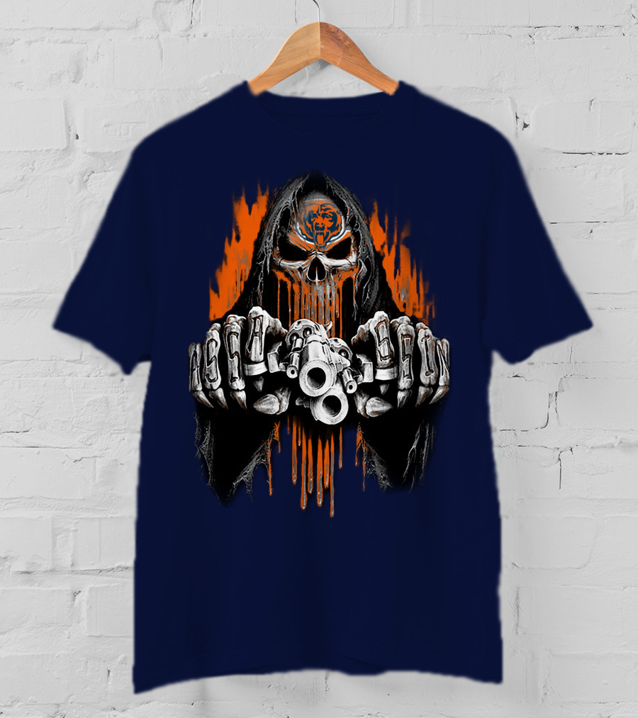 Chicago Bears Grim Reaper Skull With Orange Flames And Skull Knuckles T-Shirt