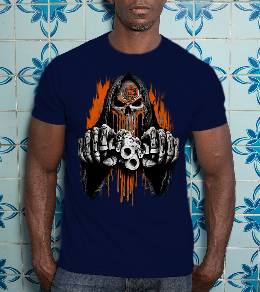Chicago Bears Grim Reaper Skull With Orange Flames And Skull Knuckles T-Shirt