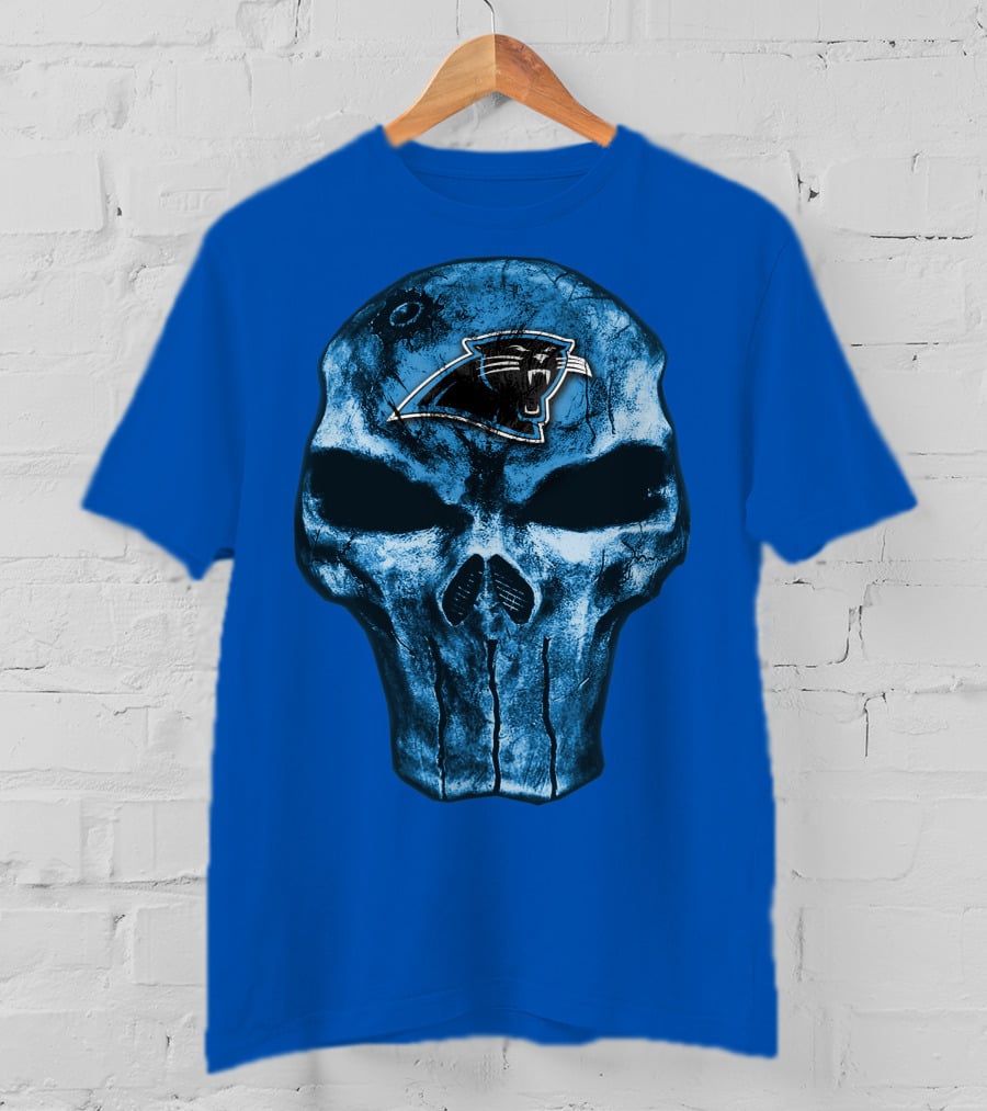 Skull With Carolina Panthers Emblem On Blue T-Shirt