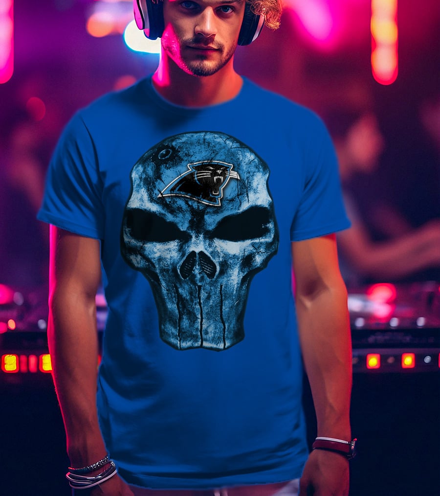 Skull With Carolina Panthers Emblem On Blue T-Shirt