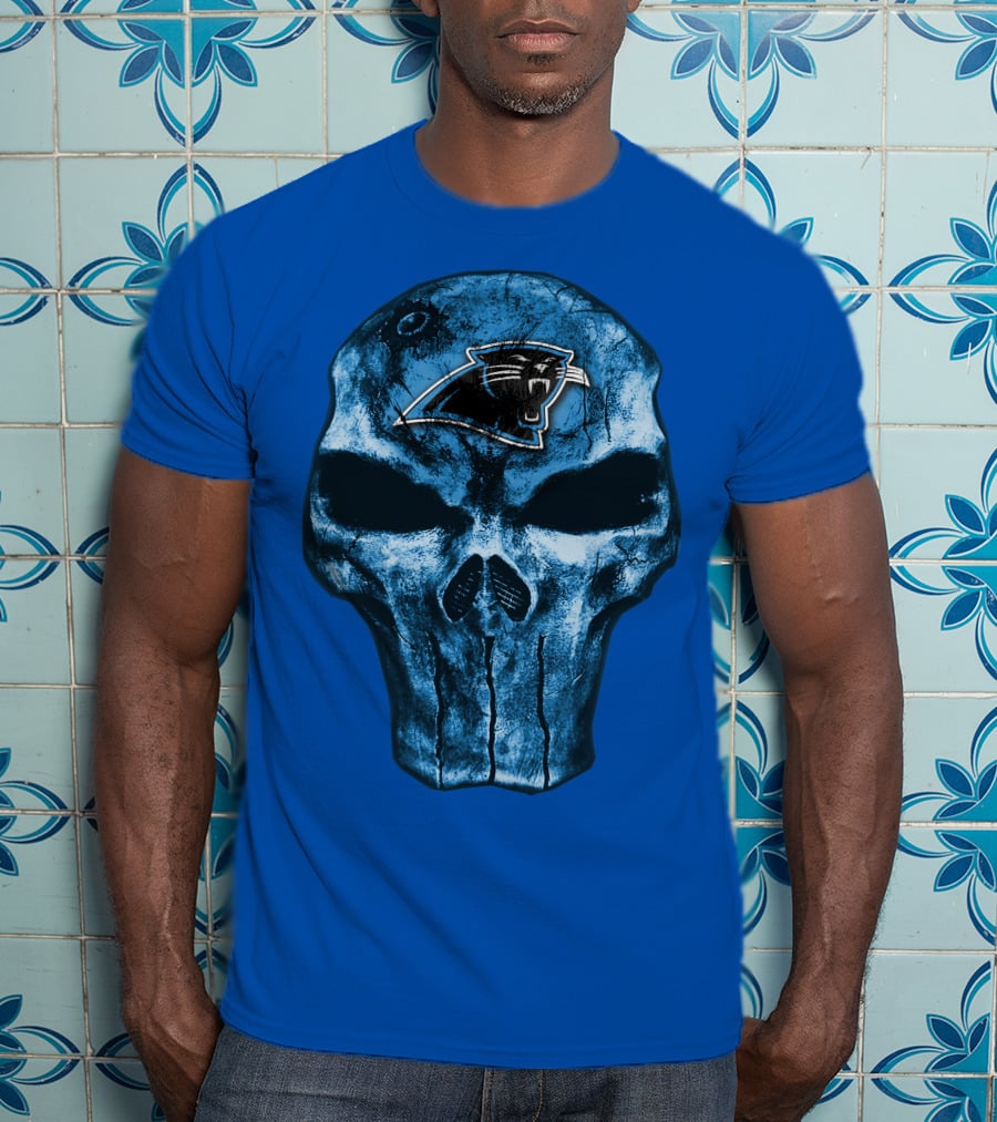 Skull With Carolina Panthers Emblem On Blue T-Shirt