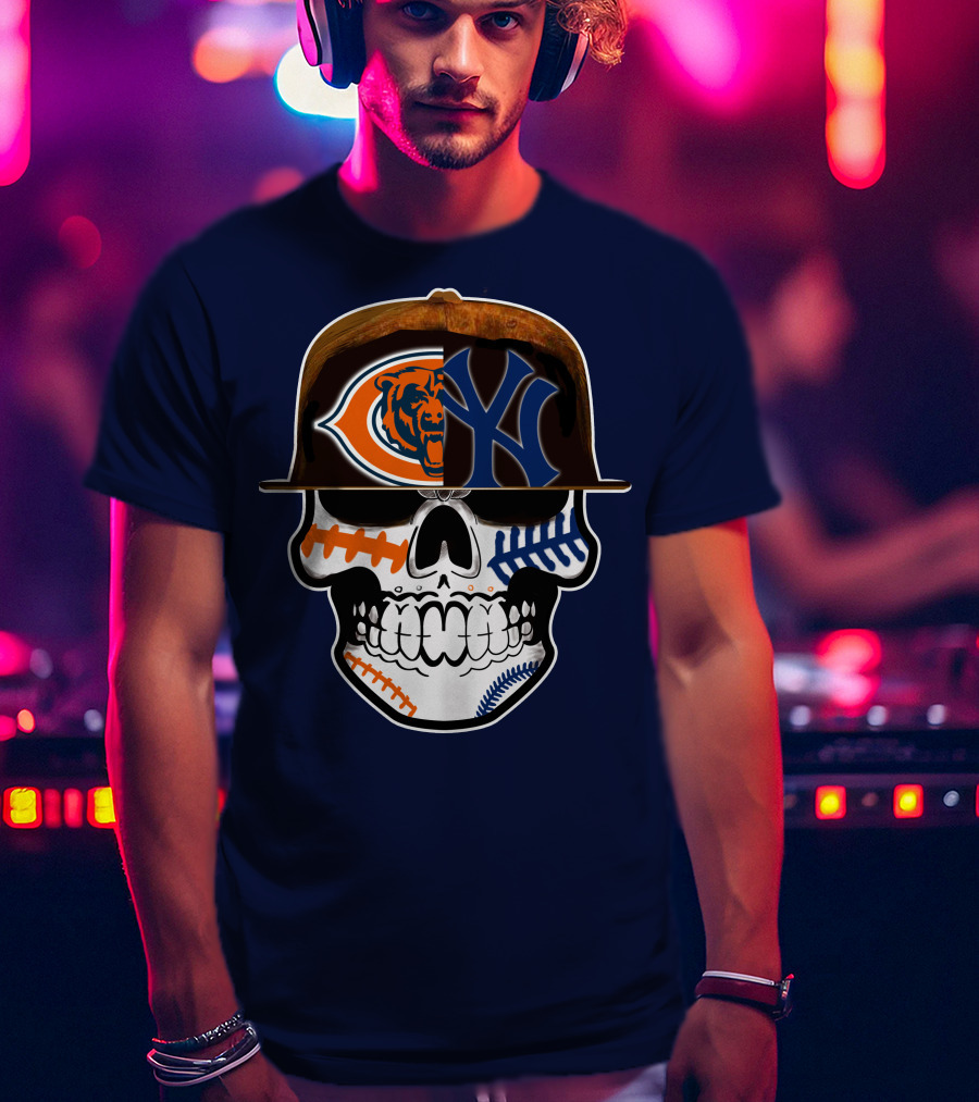 Chicago Bears Yankees Skull Football Baseball Fusion T-Shirt