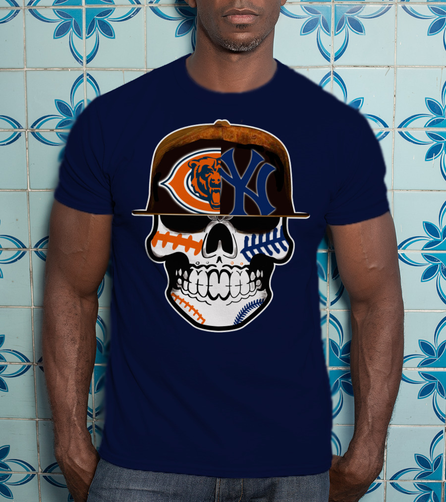 Chicago Bears Yankees Skull Football Baseball Fusion T-Shirt