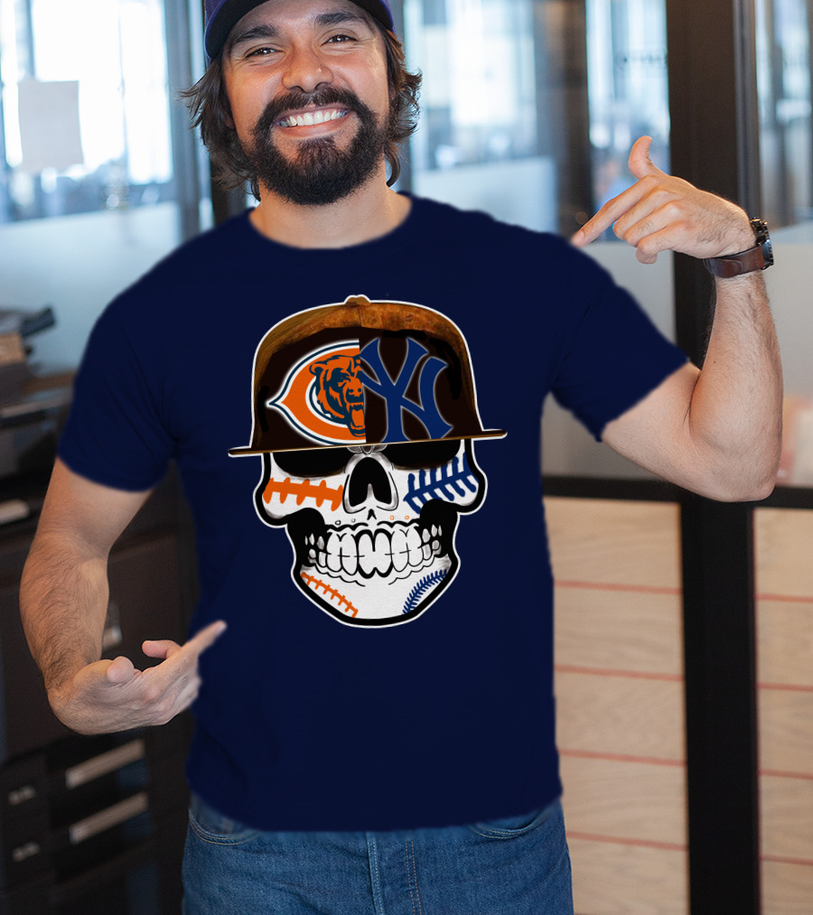 Chicago Bears Yankees Skull Football Baseball Fusion T-Shirt